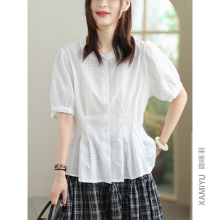 女装 女圆领通勤收腰文艺全棉时尚 T恤女 短袖 咖咪羽100%棉白色衬衫