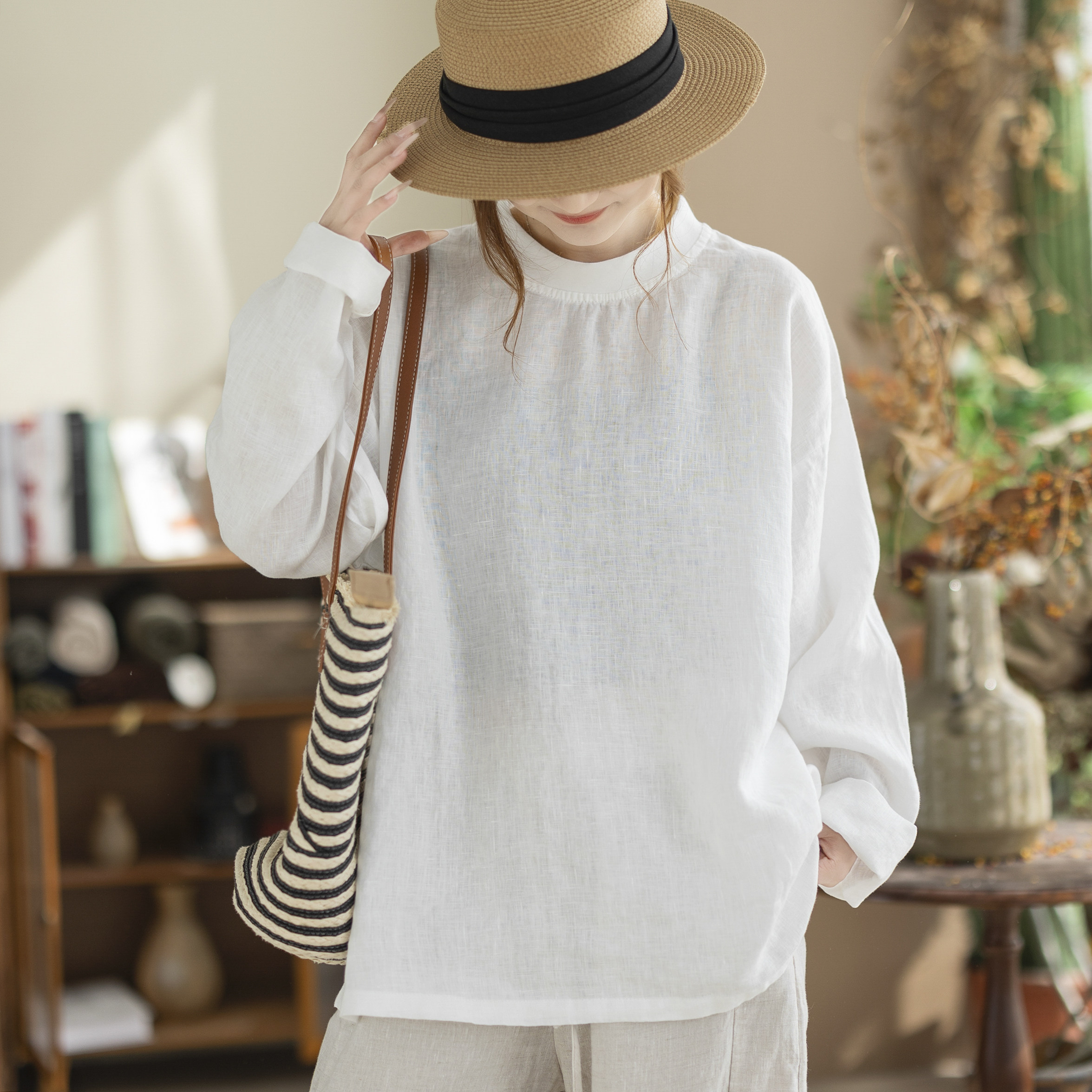 咖咪羽春夏新款白色汉麻衬衫女宽松长袖通勤休闲透气女装上衣小衫