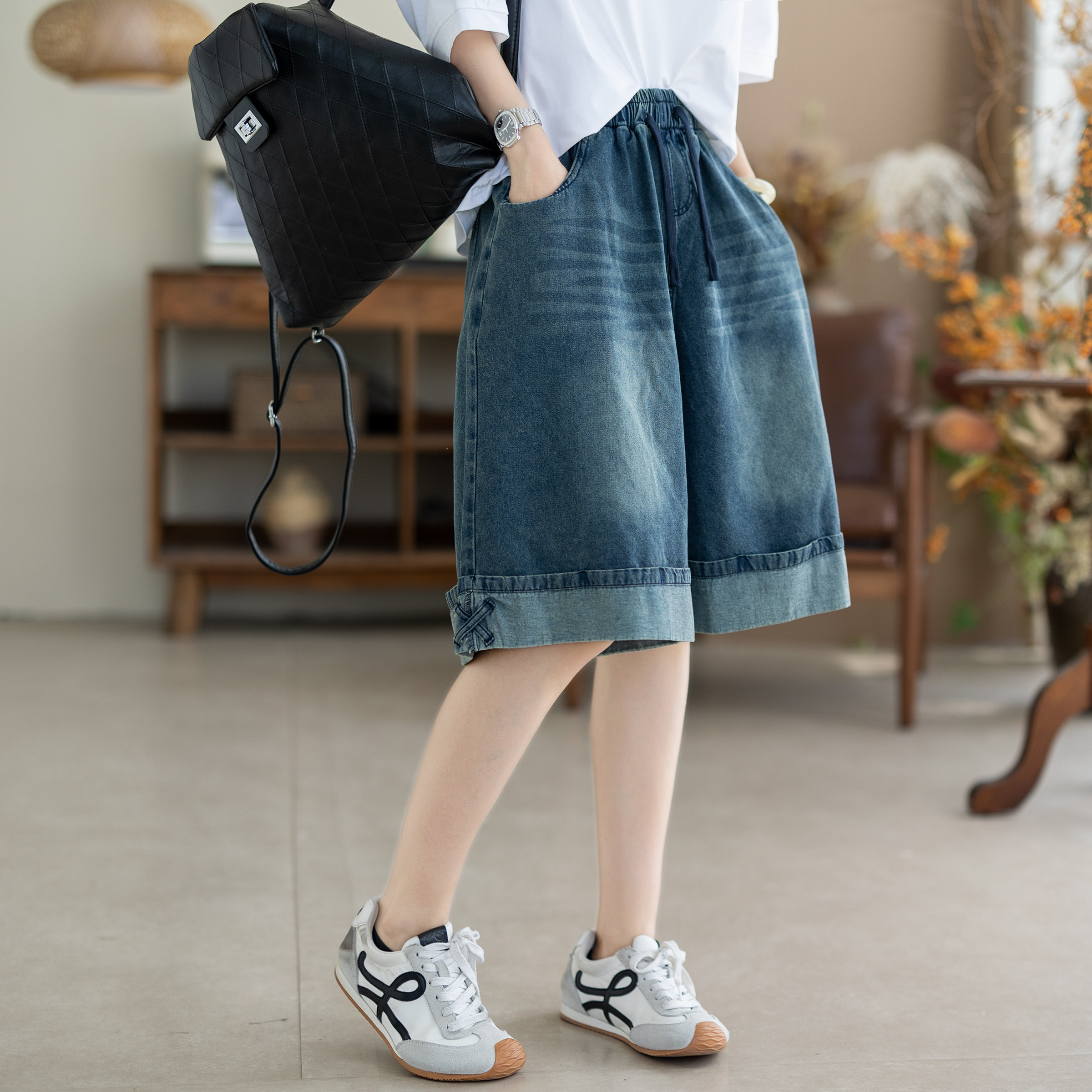 咖咪羽牛仔裤女高腰抽绳渐变水洗阔腿裤女宽松显瘦卷边五分中裤女