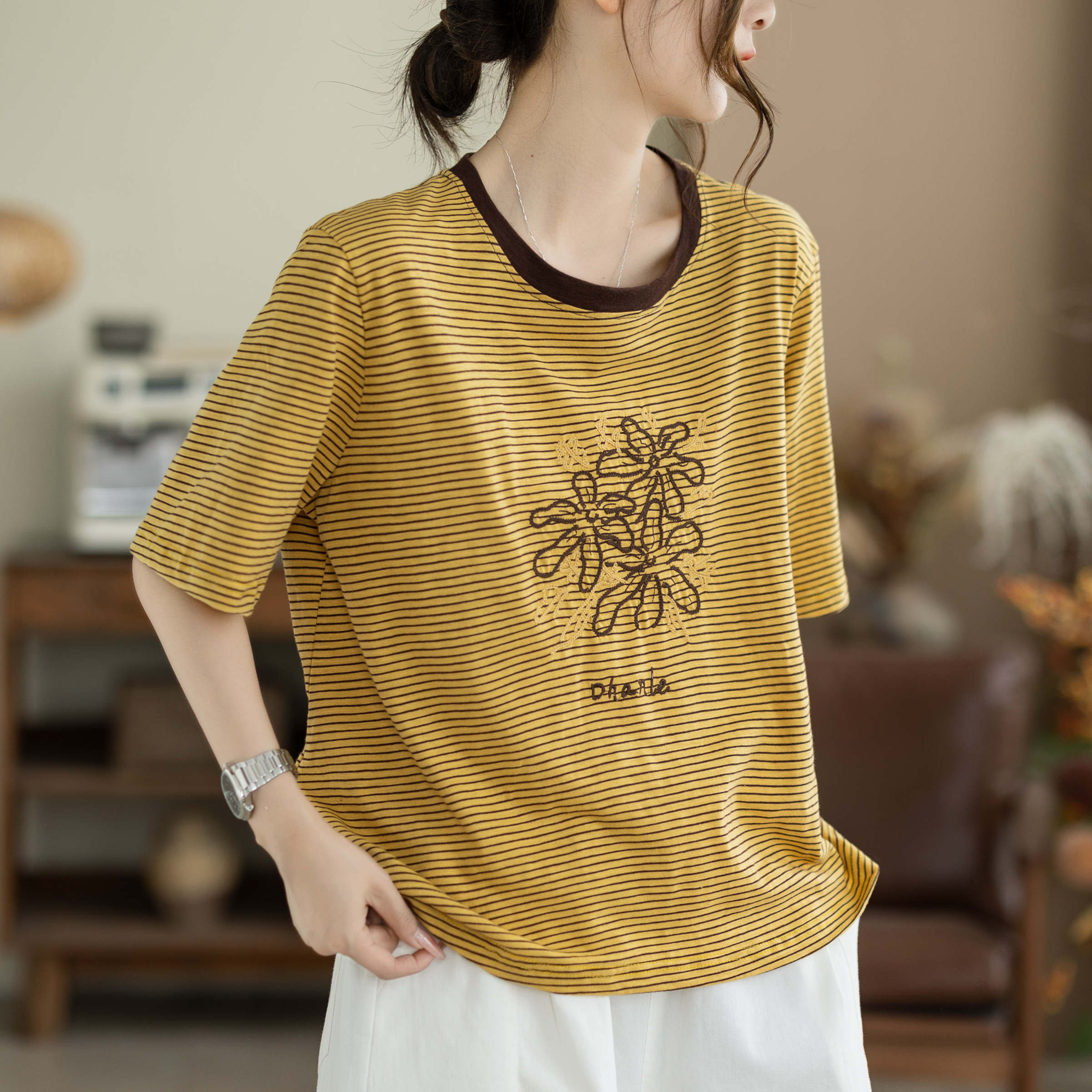咖咪羽100%棉复古撞色条纹T恤女夏宽松显瘦减龄短袖女装上衣短袖