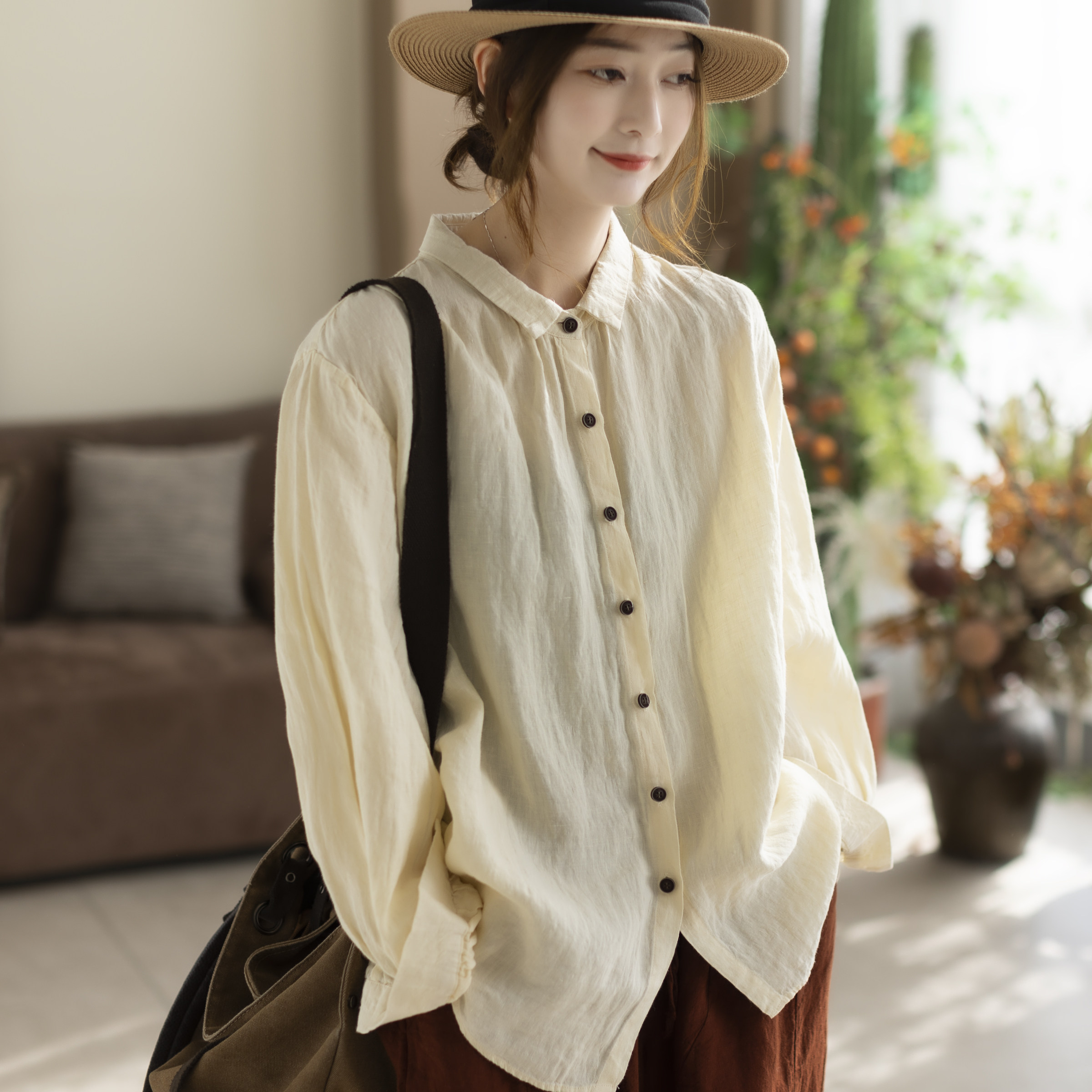 咖咪羽亚麻衬衣女宽松纯色休闲文艺显瘦流行气质女装上衣衬衫小衫