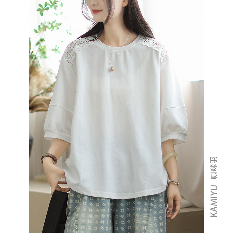 咖咪羽短袖女夏季新款个性镂空花边时尚休闲文艺女款上衣T恤女