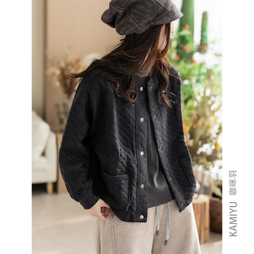 咖咪羽100%婴儿棉复古外套女秋冬新款棒球领宽松百搭大码女装上衣