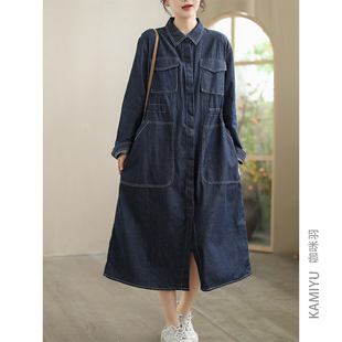 咖咪羽牛仔裙女春装新款时尚深蓝女士设计感韩版简约女装衬衫裙
