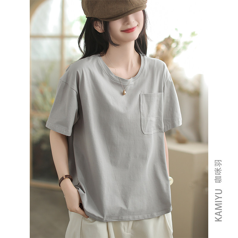 2025新款夏装女士圆领上衣纯色休闲原创文艺百搭复古女装T恤女