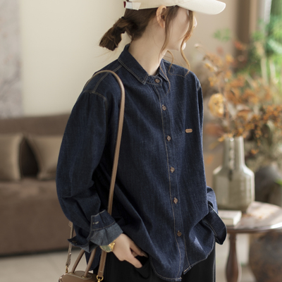咖咪羽牛仔外套女春秋新款翻领深蓝女士休闲洋气显瘦女款上衣开衫