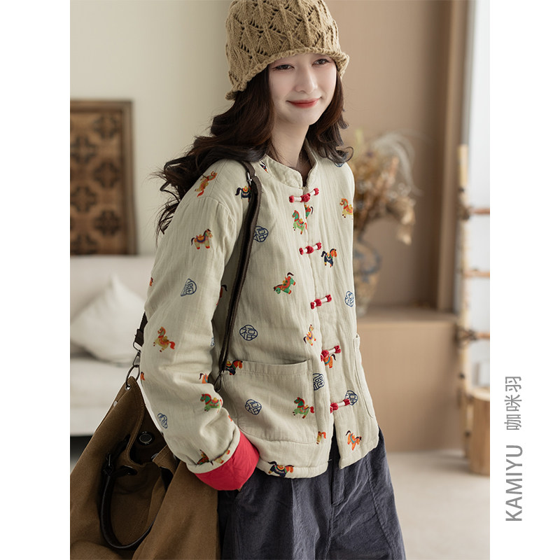 咖咪羽棉服女秋冬新款复古盘扣休闲印花棉麻时尚好看百搭女装棉衣