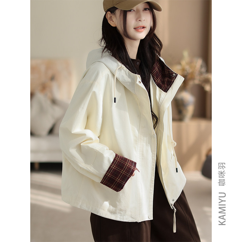 咖咪羽秋款复古休闲连帽短风衣2025新款宽松百搭夹克拼接格子外搭