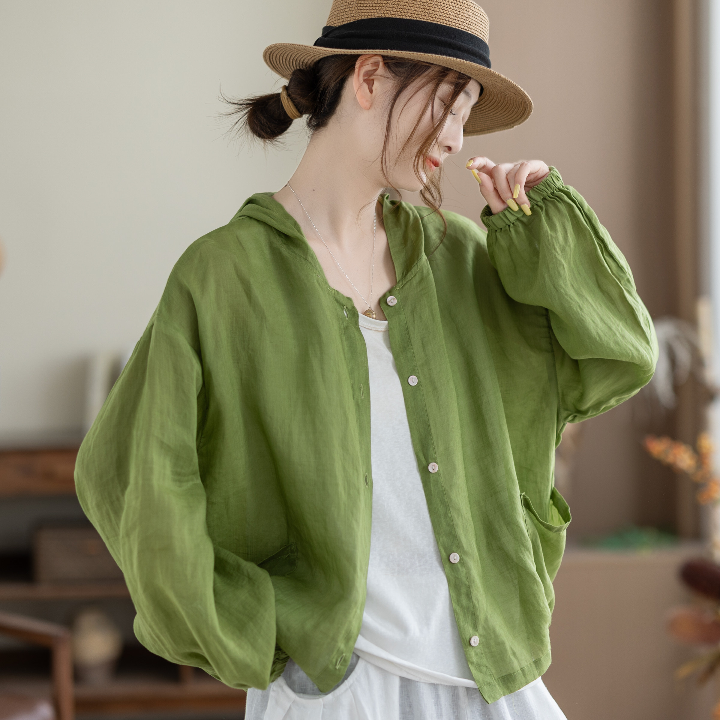 咖咪羽衬衫文艺轻薄透气连帽防晒上衣夏季宽松休闲苎麻女装外套
