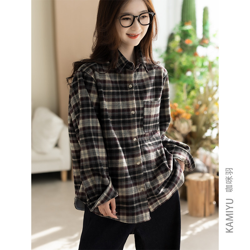 咖咪羽格子衬衫女秋冬新款文艺休闲流行好看通勤百搭女装上衣开衫