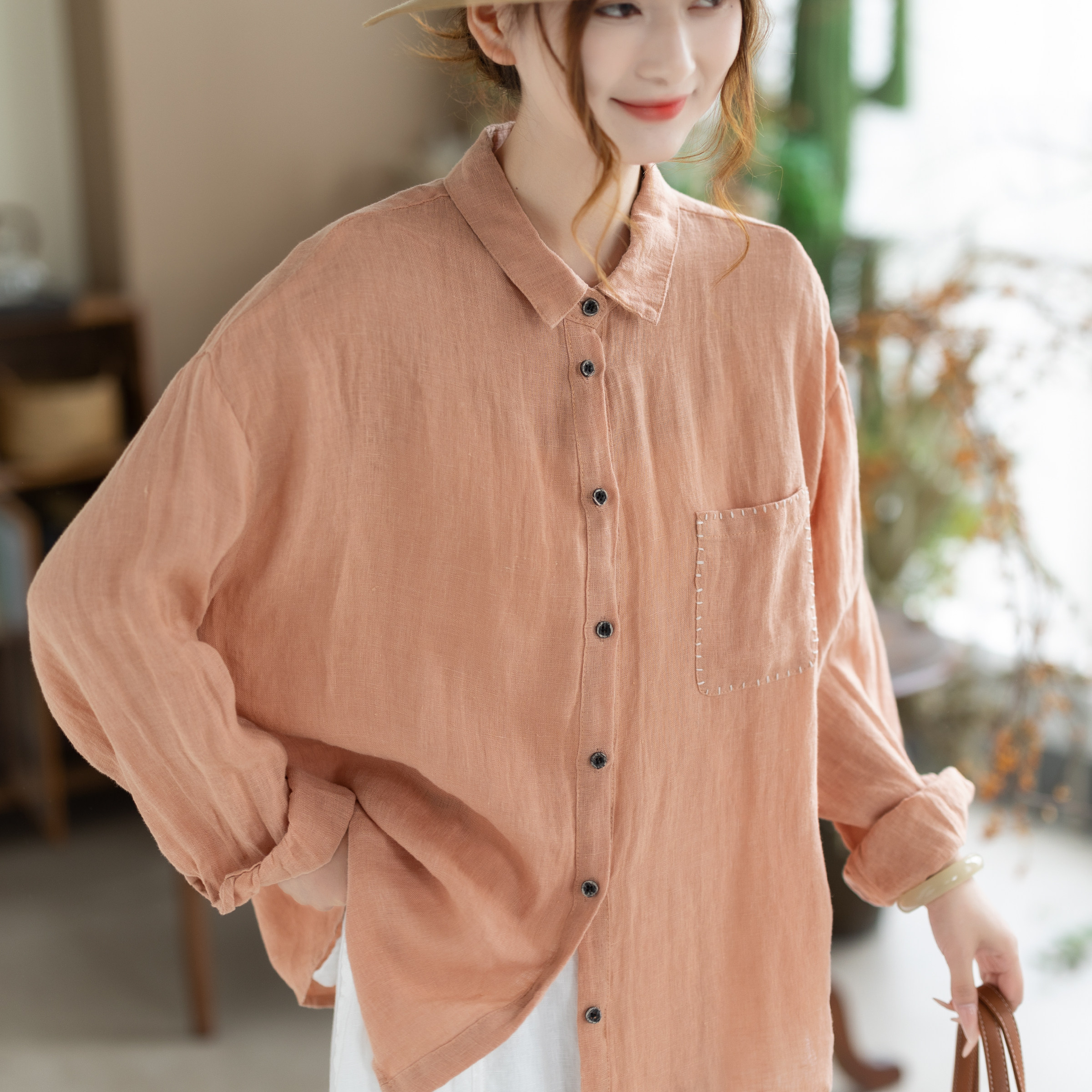 咖咪羽100%亚麻文艺长袖衬衫女秋装新款慵懒宽松高级女装上衣小衫