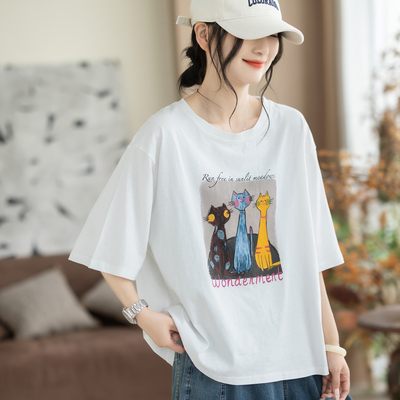 咖咪羽全棉短袖卡通印花白色夏季宽松显瘦上衣休闲减龄百搭T恤女