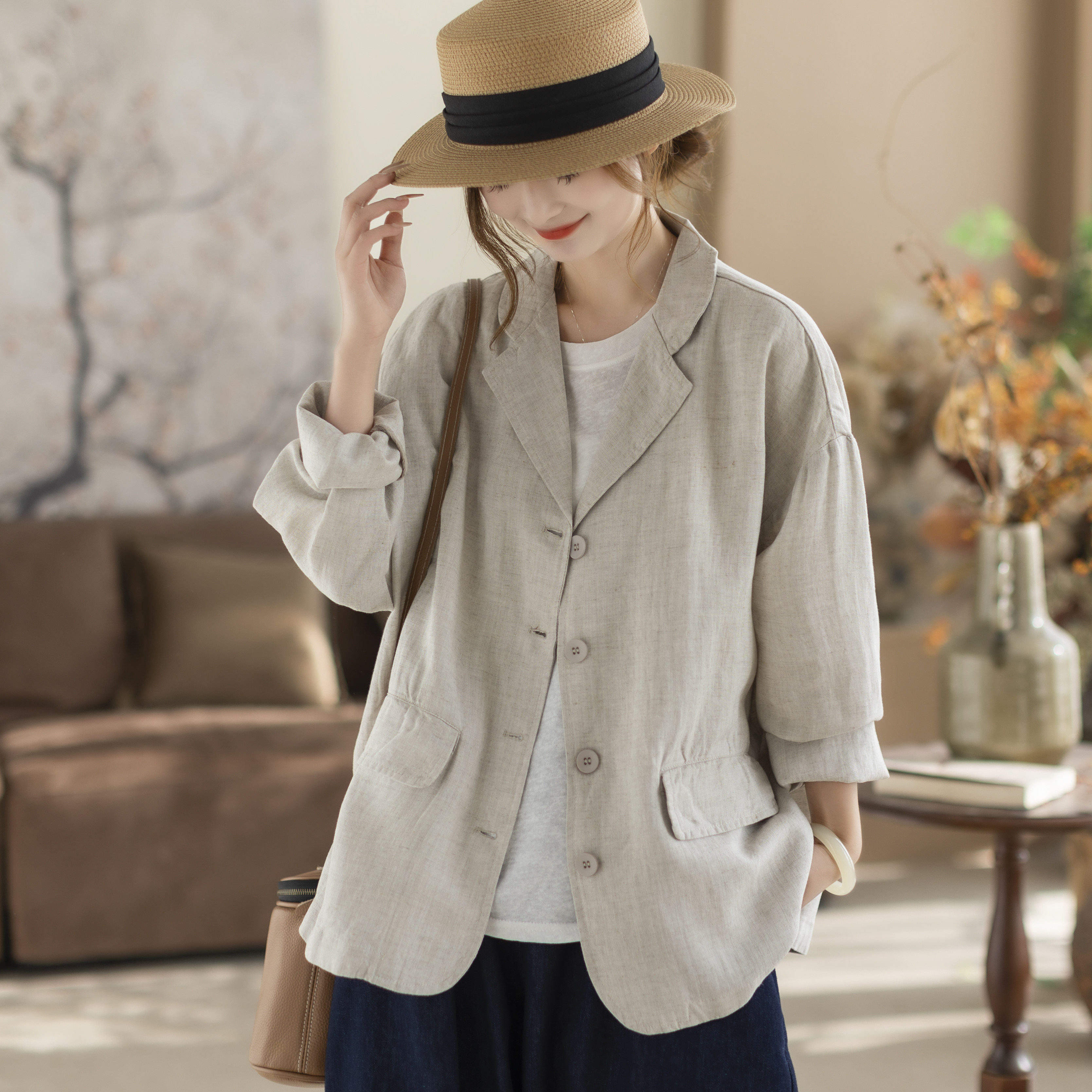 咖咪羽外套女春秋新款西装领女士休闲纯色宽松百搭气质女装上衣麻