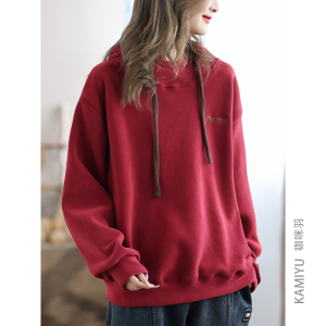 咖咪羽奥利绒连帽卫衣女秋冬新款落肩袖刺绣上衣奥利绒保暖打底