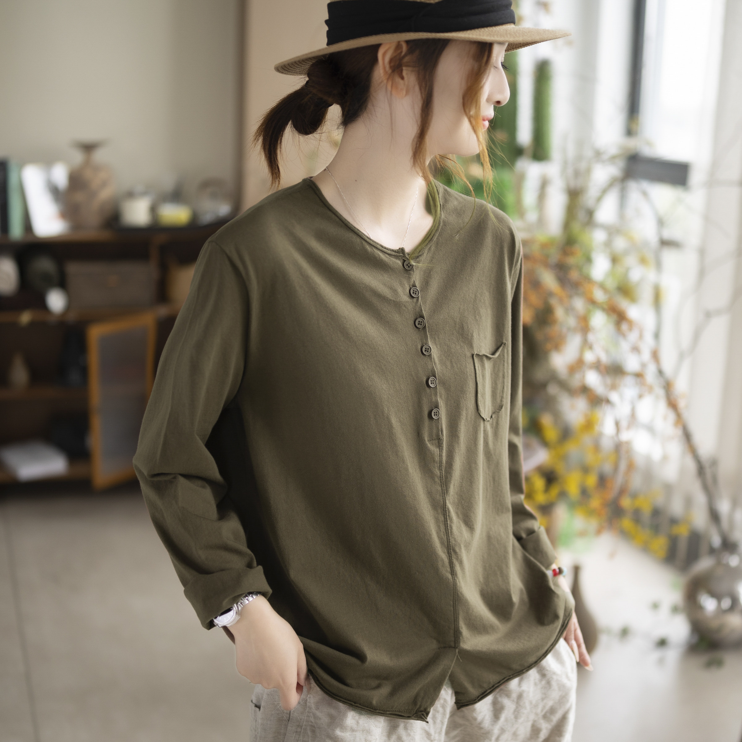 咖咪羽100%棉打底衫女文艺休闲圆领纯色复古气质显瘦流行女装上衣