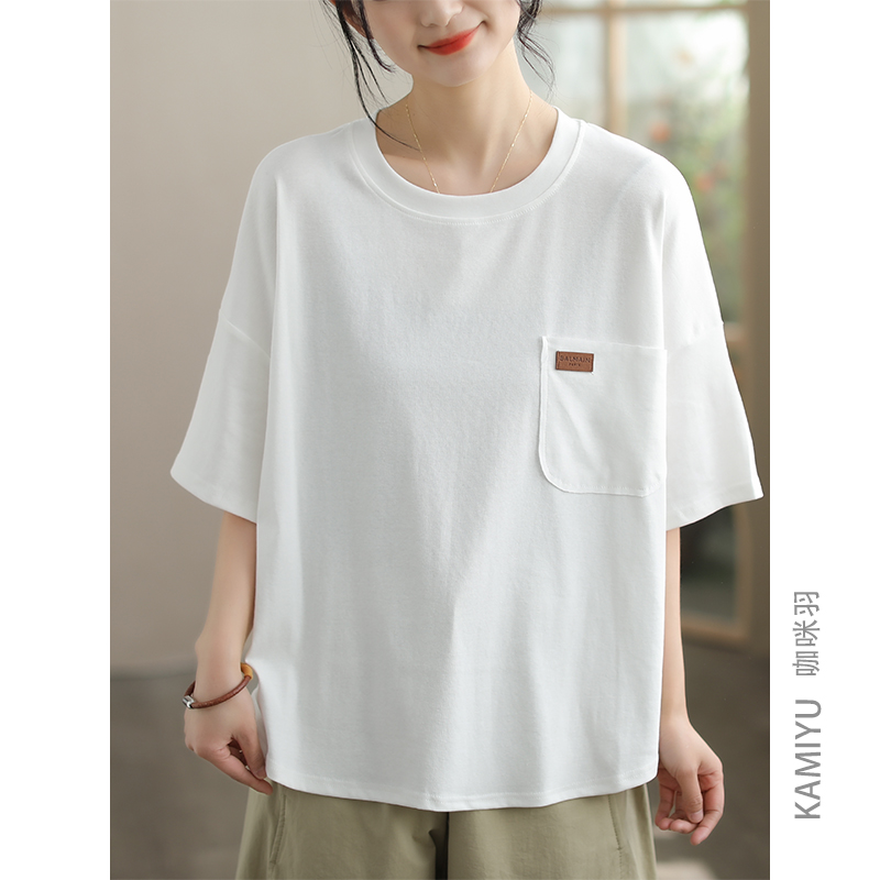 咖咪羽T恤女夏装2025新款圆领白色时尚文艺薄款百搭气质女装短袖