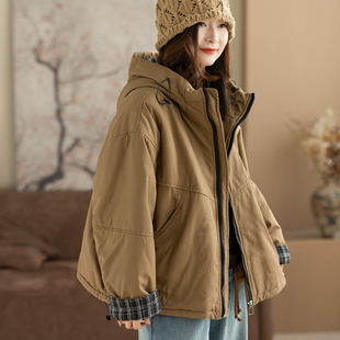 咖咪羽连帽棉服内里色织格宽松女纯色夹棉外套休闲百搭加厚棉服