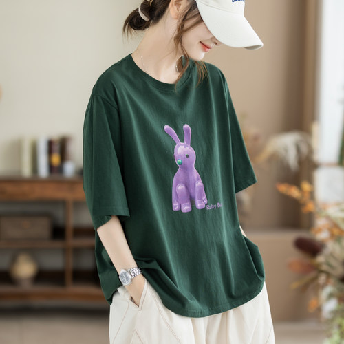 咖咪羽100%棉T恤女夏季复古兔子印花上衣宽松大码圆领短袖女装潮