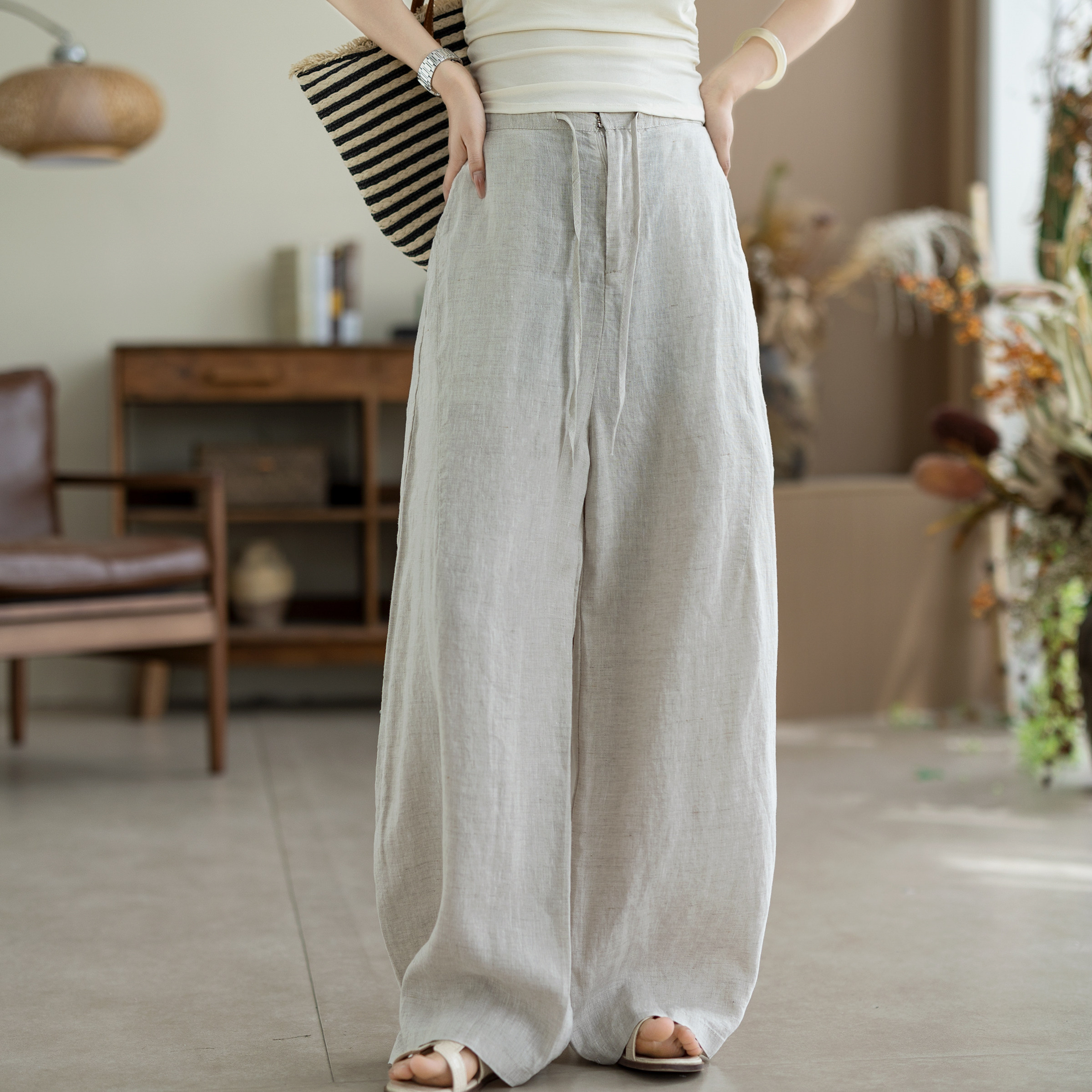 咖咪羽100%亚麻夏季新款麻本色高腰宽松显瘦直筒阔腿女装休闲裤女