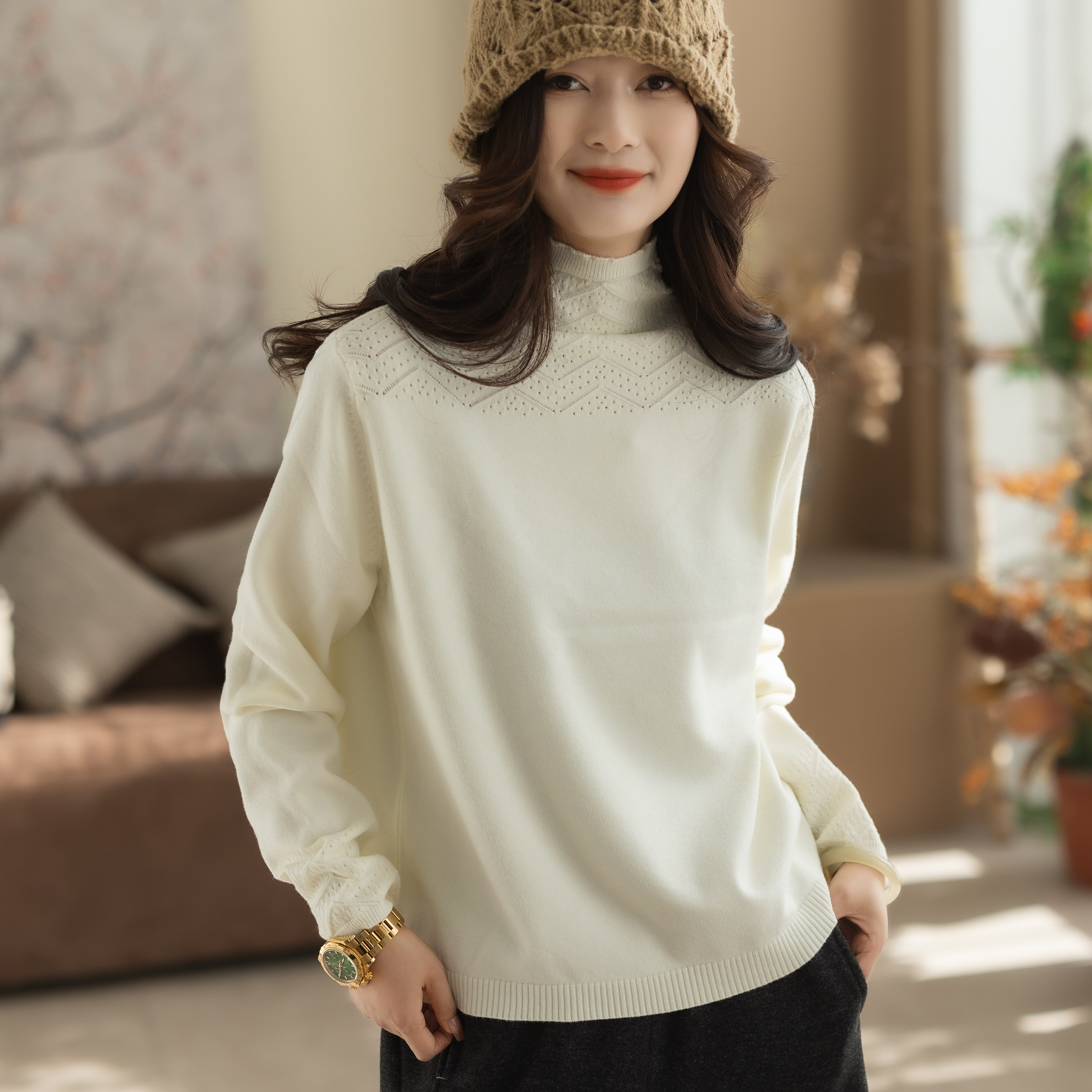 咖咪羽针织衫女秋冬2025新款高领复古纯色百搭气质显瘦女装毛衣女