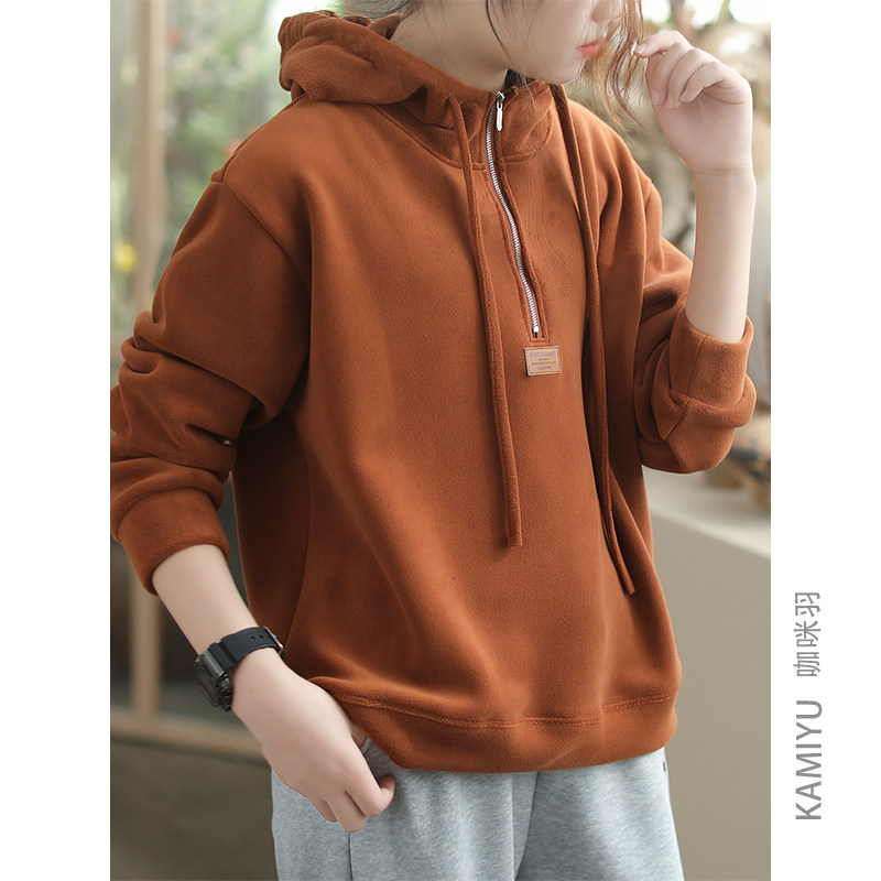 咖咪羽卫衣女秋冬新款奥利绒宽松连帽纯色复古百搭通勤休闲外套女