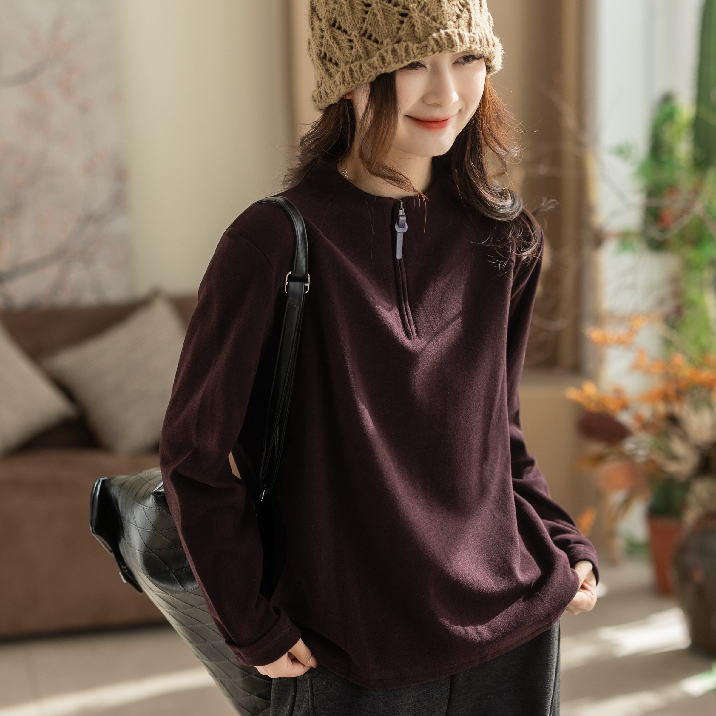 咖咪羽打底衫女秋冬新款文艺半高领流行好看棉质女装上衣内搭潮