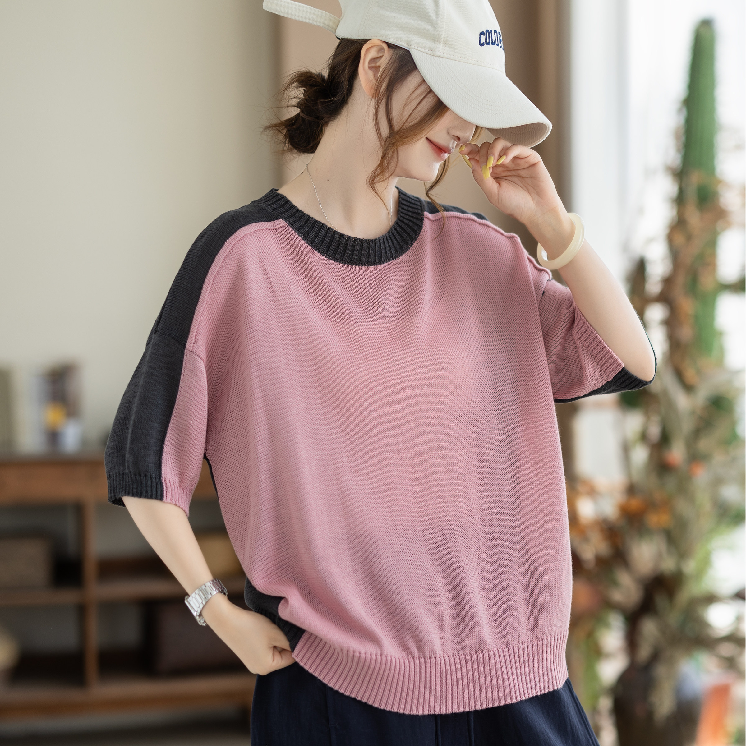 咖咪羽针织短袖T恤女夏季新款宽松圆领拼色撞色中袖薄款女装上衣