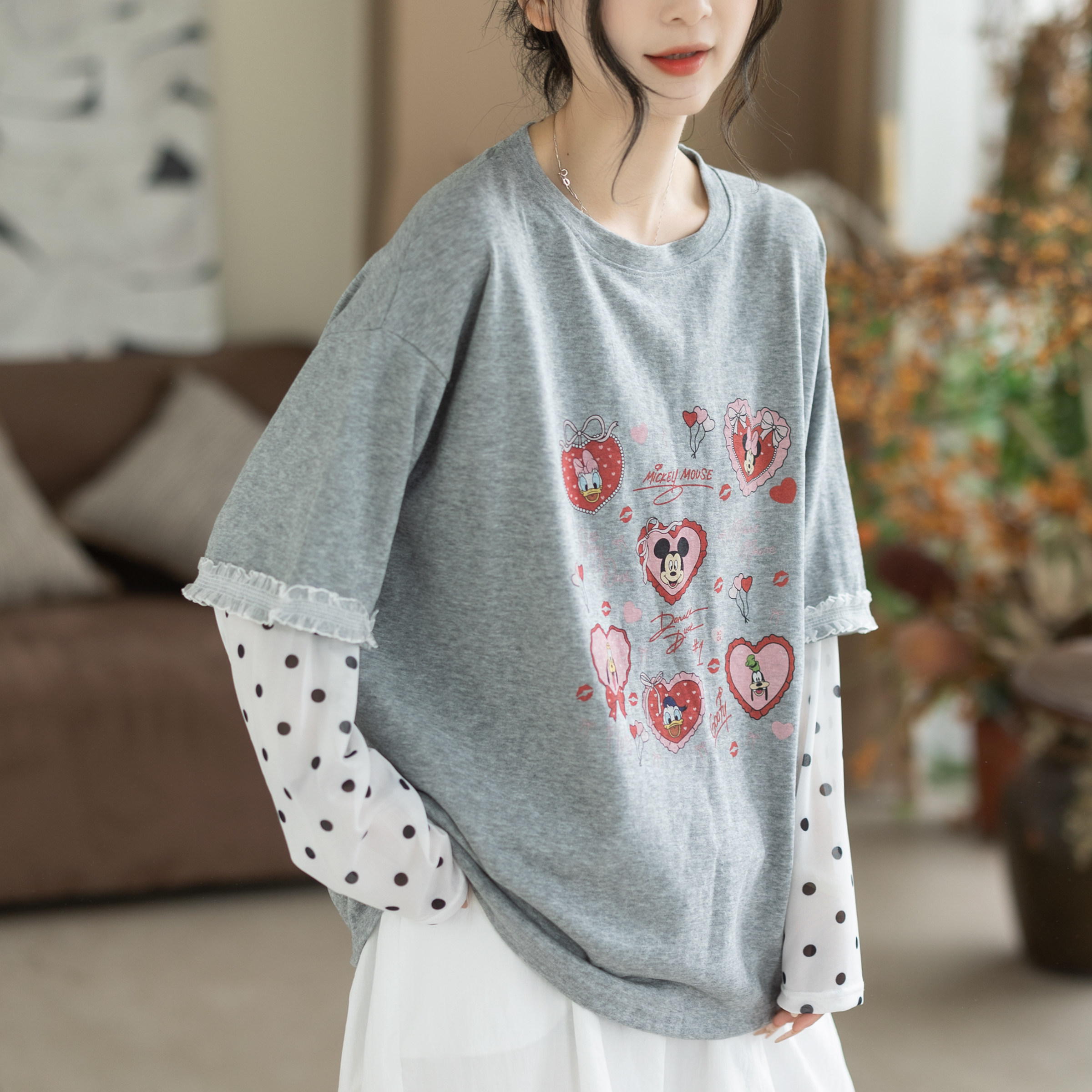 咖咪羽韩系少女风爱心卡通印花 波点拼接假两件灰色长袖上衣T恤女