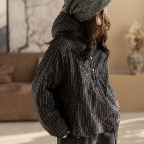 咖咪羽棉服女秋冬新款女士格子上衣宽松夹棉时尚帽子全棉女装棉袄