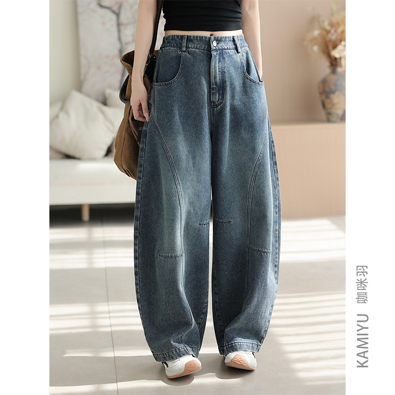 咖咪羽牛仔裤女秋季2025新款时尚宽松拼接百搭复古自然腰女装裤子