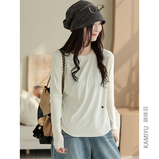 咖咪羽针织打底衫女秋季新款圆领纯色复古文艺5%绵羊毛女装内搭潮