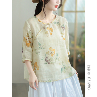 咖咪羽100%苎麻宽松大码短袖T恤新中式斜门襟印花盘扣衬衫女