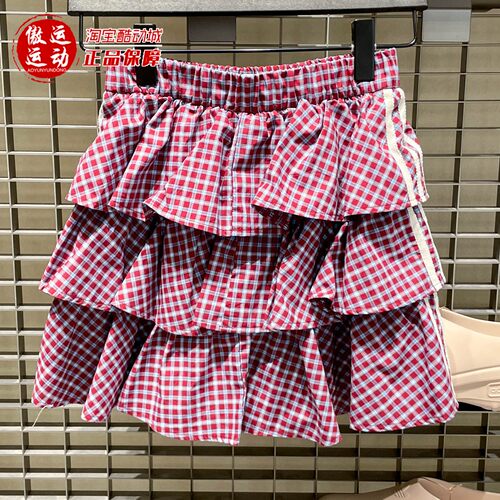 阿迪达斯三叶草女子复古休闲格子百褶蛋糕裙半身裙2026夏季KU9399