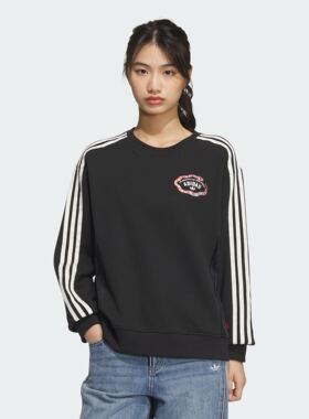 阿迪达斯三叶草女装2025冬季新年款丝绒拼接运动卫衣套头衫JL8423