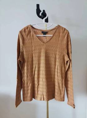 菲妮迪女装FINITY专柜正品F014桔黄色V领长袖针织衫打底衫T恤薄