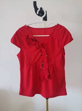 清仓特价 柯罗芭KLOVA /柯利亚诺专柜正品k024红色V领短袖上衣