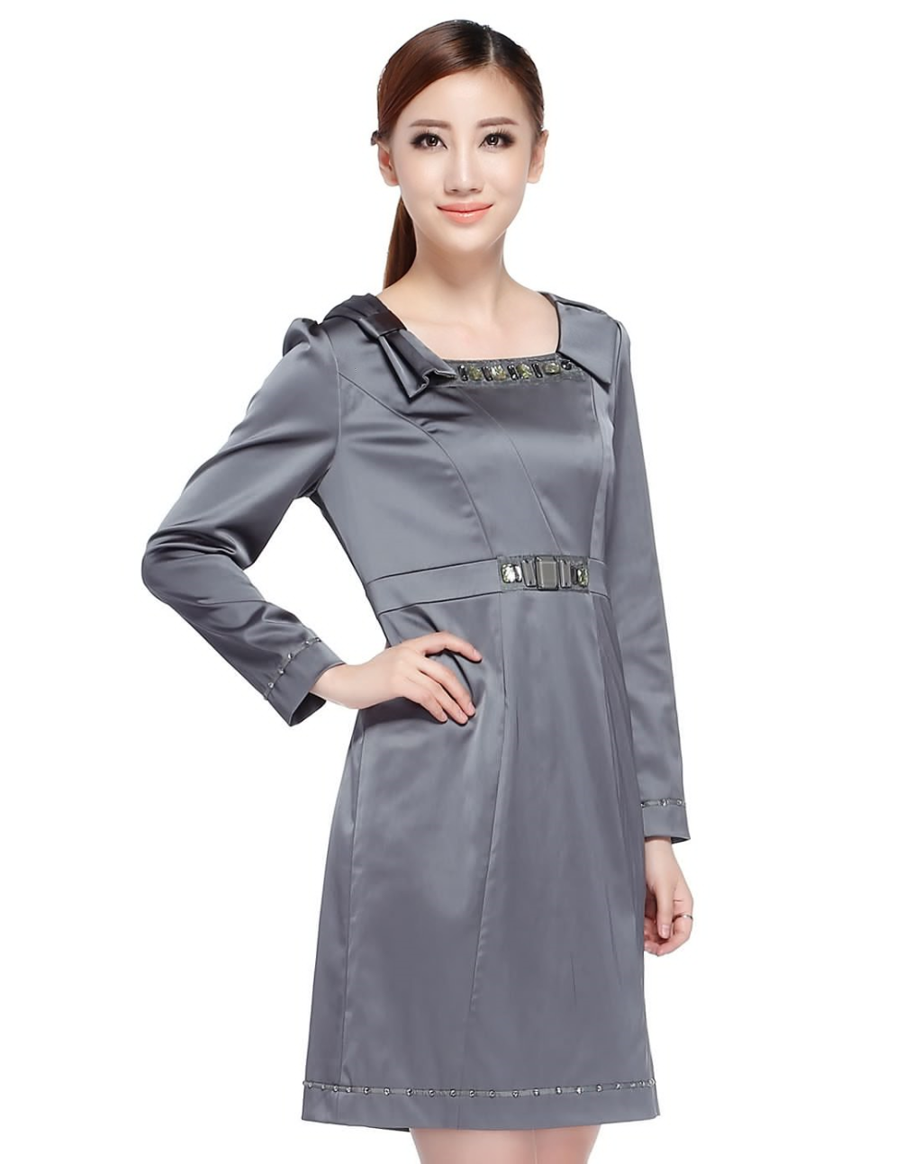 清仓特价 依瑶女装elina正品e160灰钉珠修身长袖连衣裙春秋夏