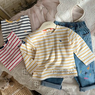 纯棉亲肤柔软百搭圆领长袖 韩国儿童春秋上衣 T恤衫 条纹控