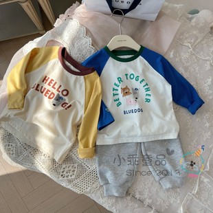 韩国亲肤面料 长袖 男女童春秋上衣 卡通圆领T恤 衫 柔软棉拼袖