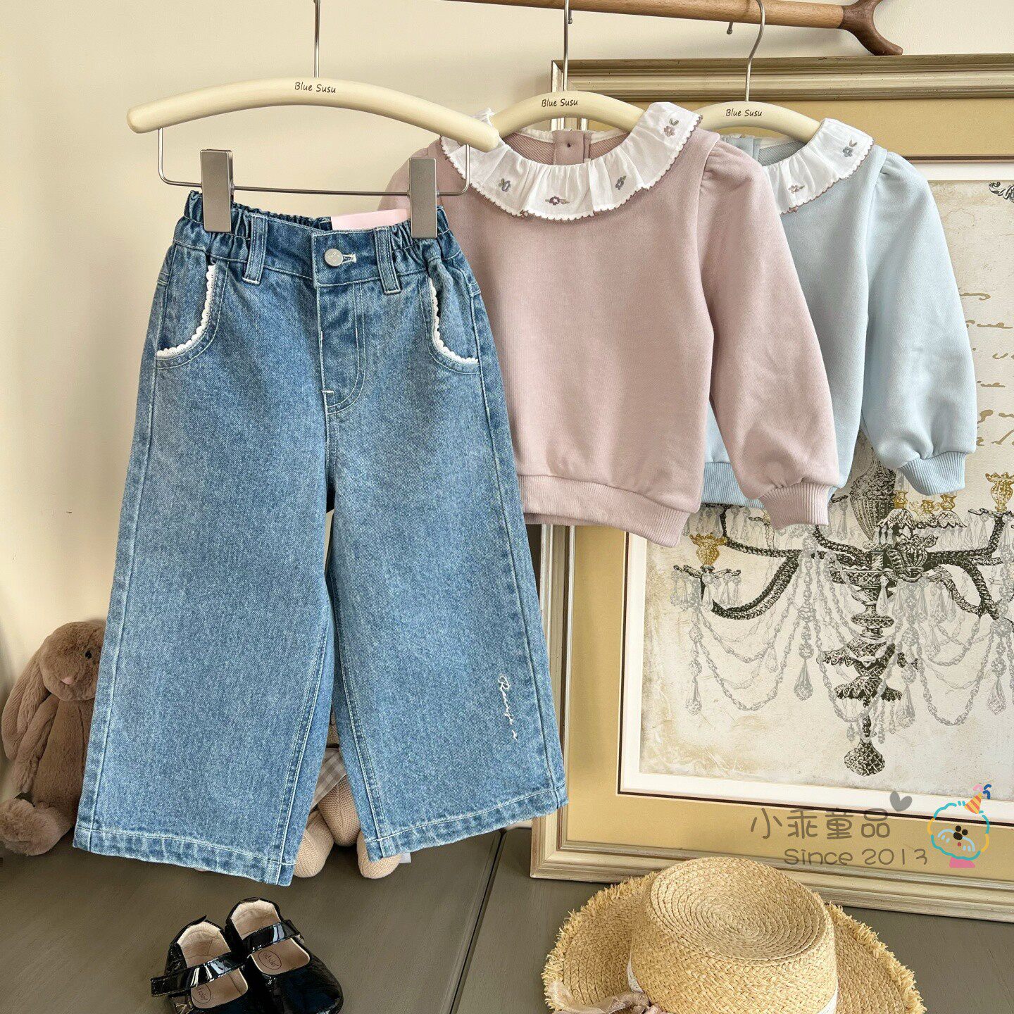 韩国高端设计款！女童春秋裤子 百搭休闲刺绣花边水洗宽松牛仔裤