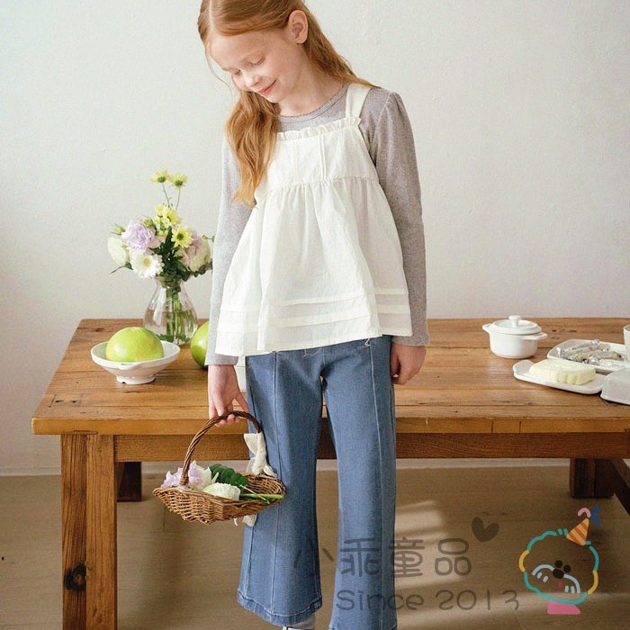 韩国设计款!女童春秋裤子舒适百搭水洗柔软花边直筒牛仔裤休闲裤