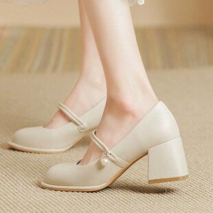 浅色高跟鞋女18岁成年礼秋冬高级感名媛女神不累脚粗跟单鞋小个子