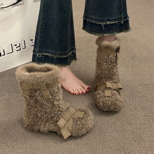 毛毛雪地靴女款2025新款冬季加绒雪地棉鞋保暖棉靴蝴蝶结短筒靴子