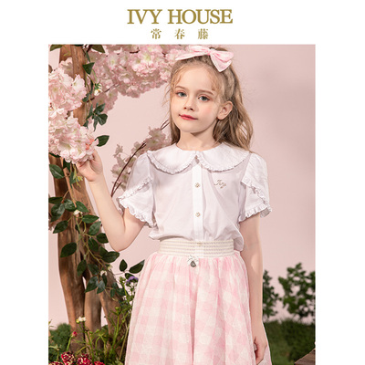 IVY HOUSE常春藤儿童装女童衬衫夏新款 娃娃领衬衣短袖上衣学院风