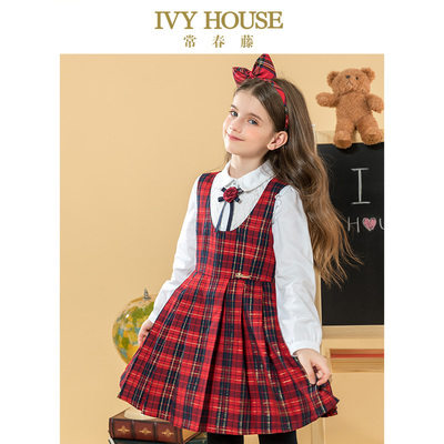 IVY HOUSE常春藤童装女童春季新品 金葱格纹大U领英伦背心裙校园