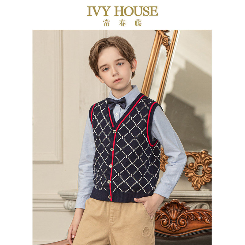 IVY HOUSE常春藤儿童装男童背心秋季款复古学院风老花V领毛织开衫,童装/婴儿装/亲子装,毛衣/针织衫,淘宝优惠券,粉丝福利购,淘宝优惠卷
