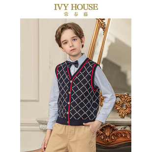 复古学院风老花V领毛织开衫 IVY 款 男童背心秋季 HOUSE常春藤儿童装