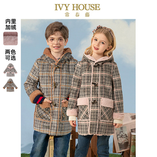 款 男女童冬季 外套格纹复古牛角扣大衣绒里 HOUSE常春藤儿童装 IVY