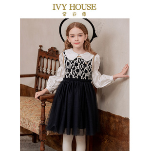 款 女童连衣裙秋季 复古老花针织网纱背心裙 HOUSE常春藤童装 IVY