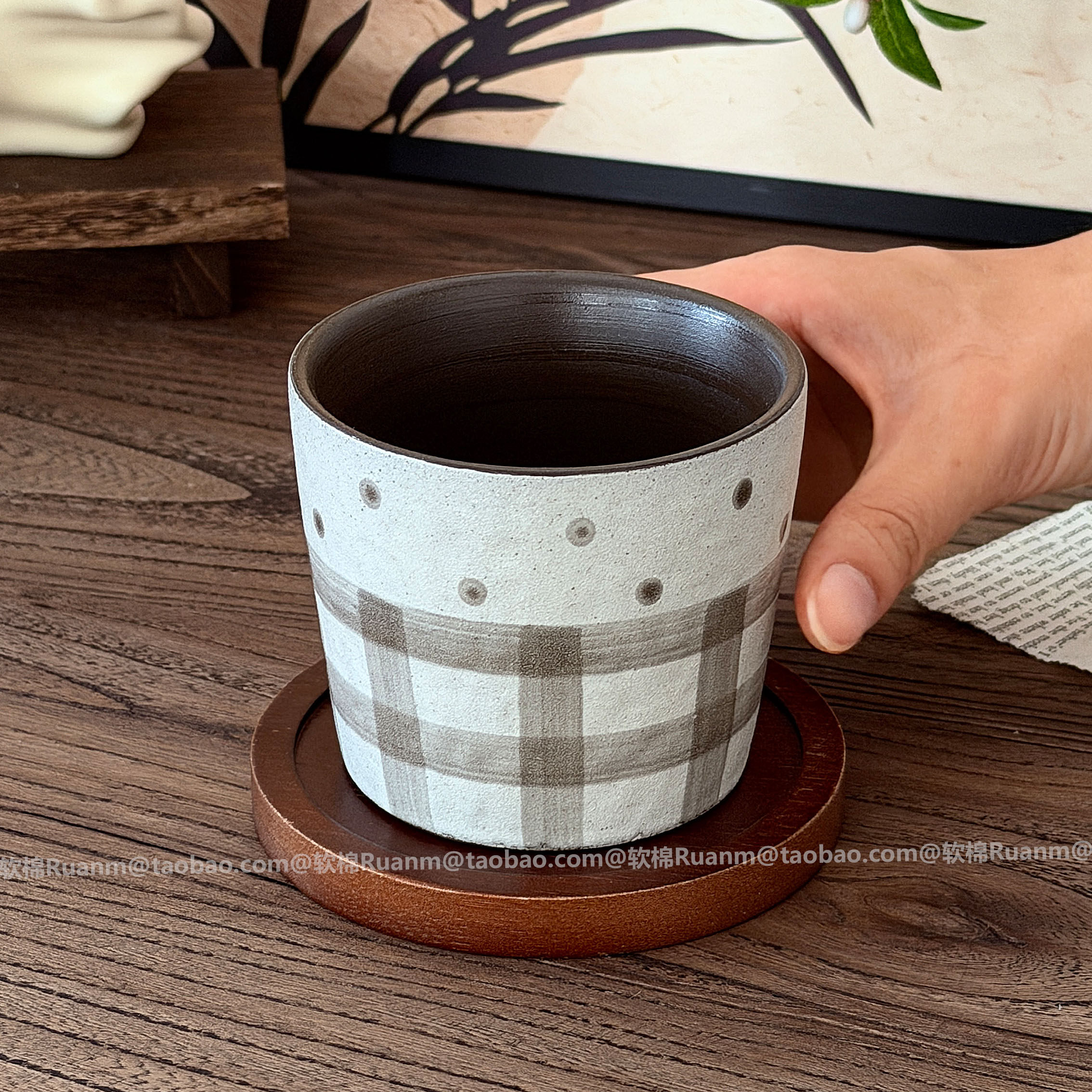 高颜值手作磨砂灰格纹粗陶咖啡杯
